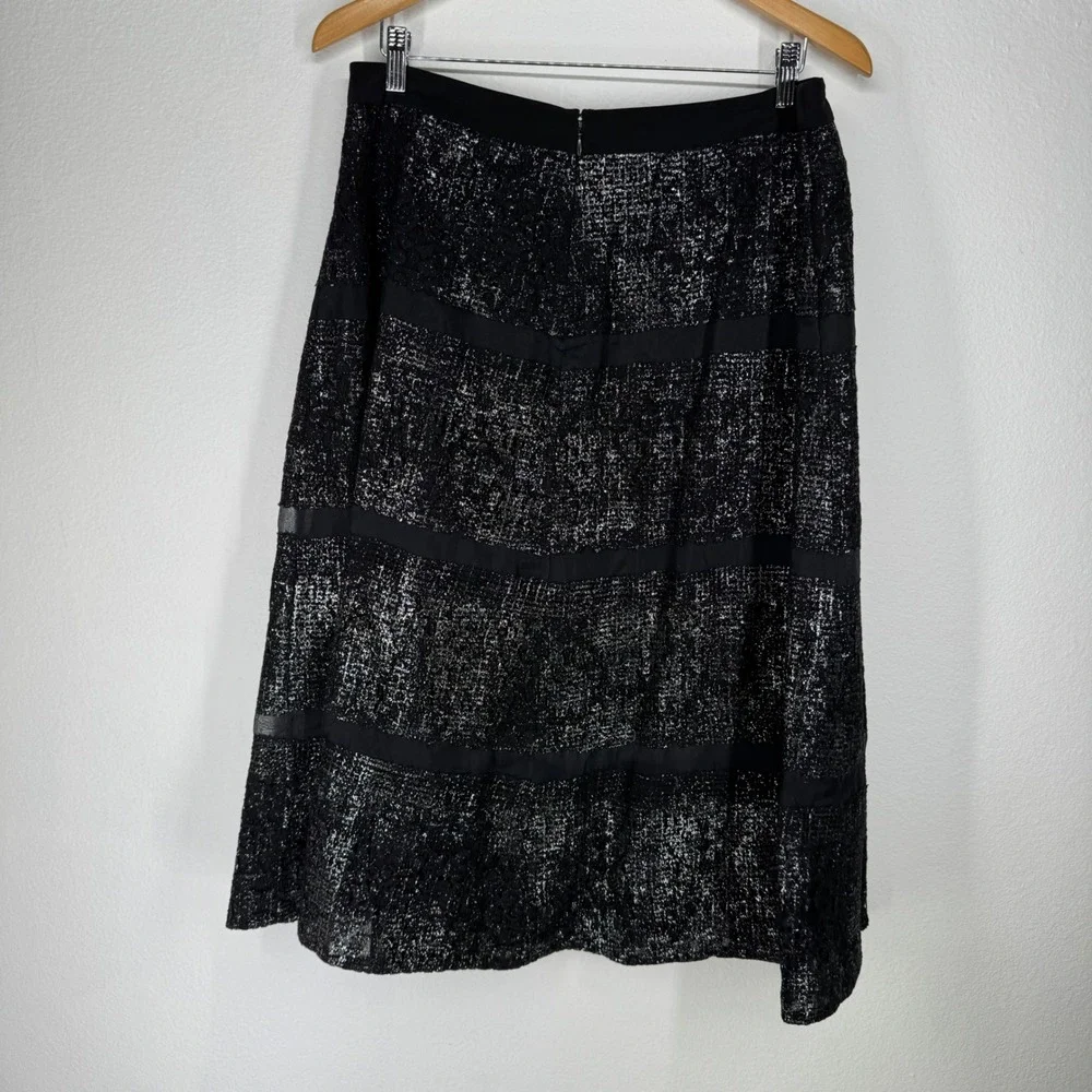 Rebecca Taylor Metallic Lace Silk Stripe‎ Midi Skirt Black Silver 12 Party Glam